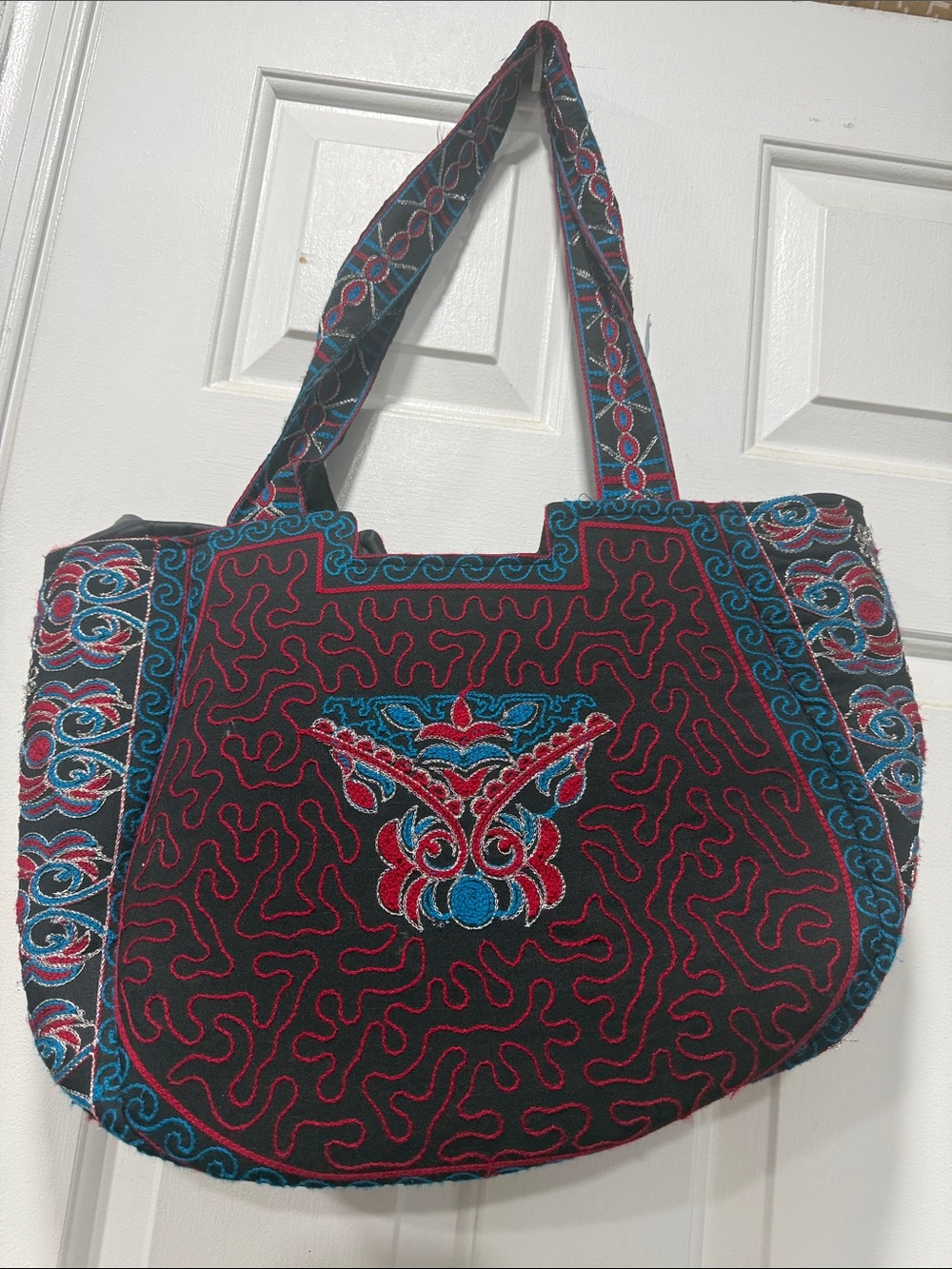 Embroidered Tribal-Pattern Tote Bag in Black, Red & Teal